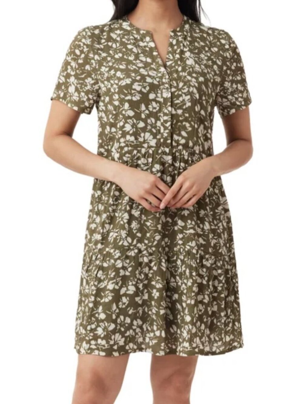 Hurley Women's Tiered Crinkle Dress, Multi (Olive Floral)